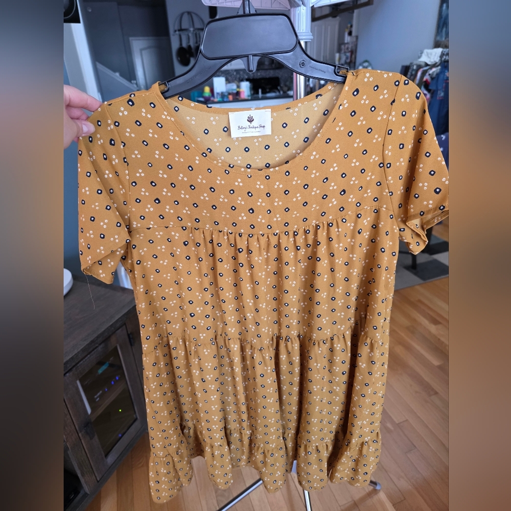 Betsey's Boutique Shop Mustard Yellow Tiered Blouse with Tiny Dot Print